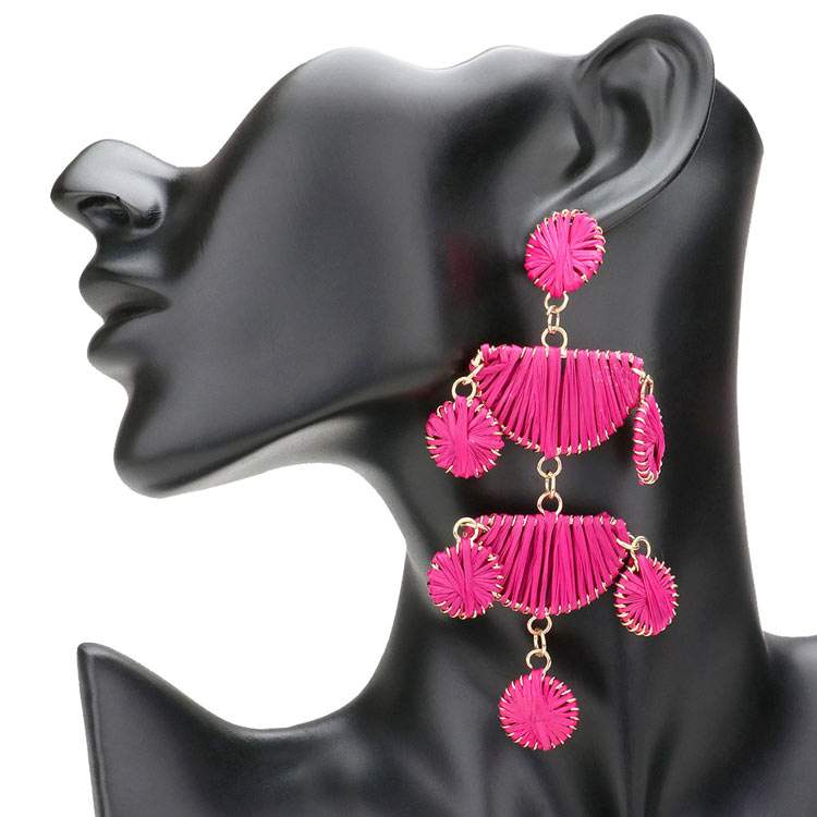 Raffia Wrapped Geometric Metal Link Dangle Earrings - Madeline Love - Flyclothing LLC