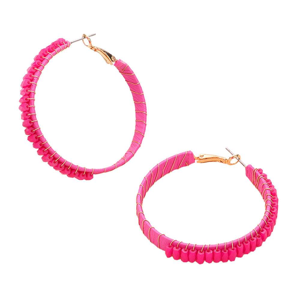 Rectangle Bead Trimmed Raffia Wrapped Hoop Earrings - Madeline Love - Flyclothing LLC