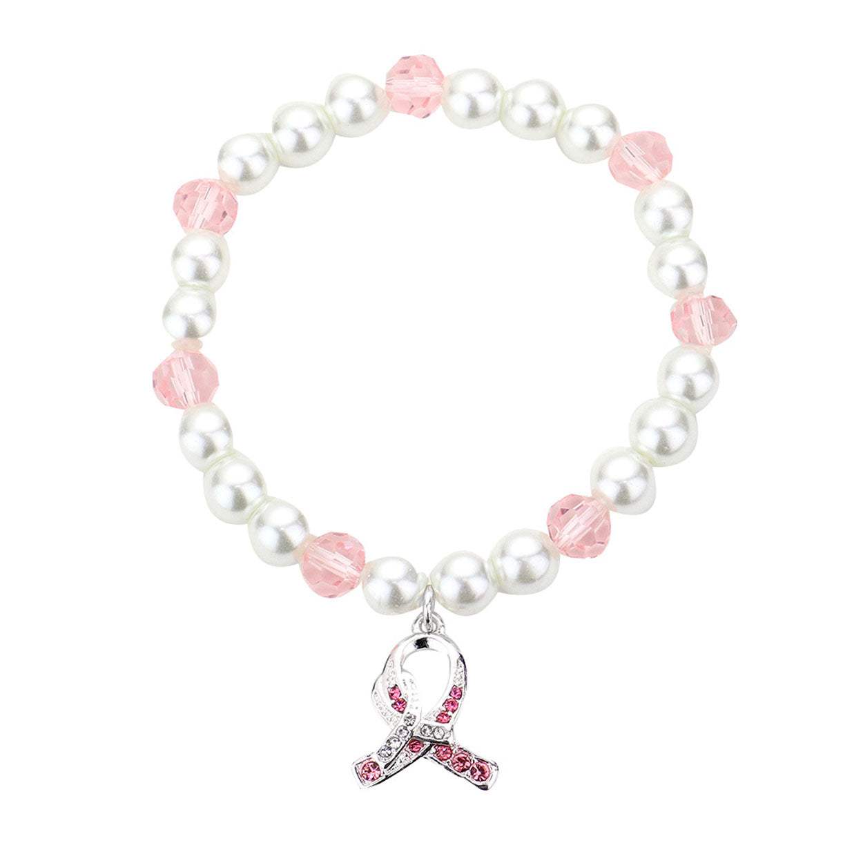 Rhinestone Pink Ribbon Charm Pearl Stretch Bracelet - Madeline Love - Flyclothing LLC