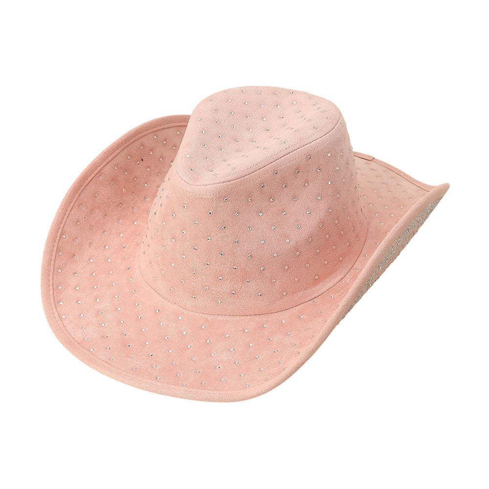 Rhinestone Embellished Faux Suede Western Cowboy Fedora Hat - Madeline Love - Flyclothing LLC