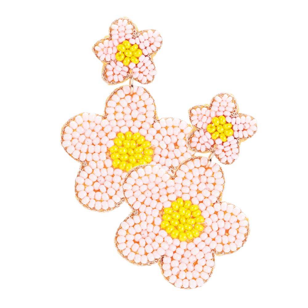 Seed Beaded Double Flower Link Dangle Earrings - Madeline Love - Flyclothing LLC