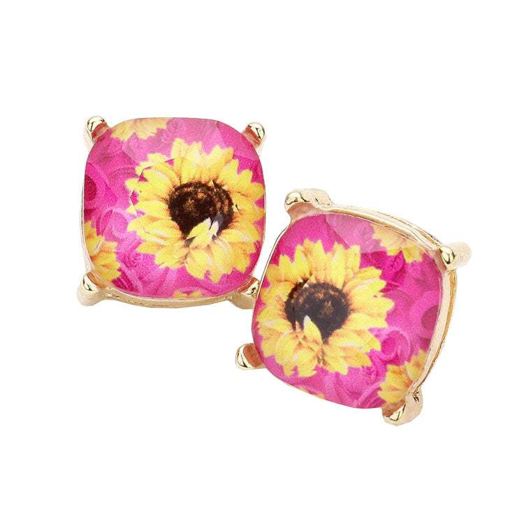 Sunflower Printed Square Stud Earrings - Madeline Love - Flyclothing LLC