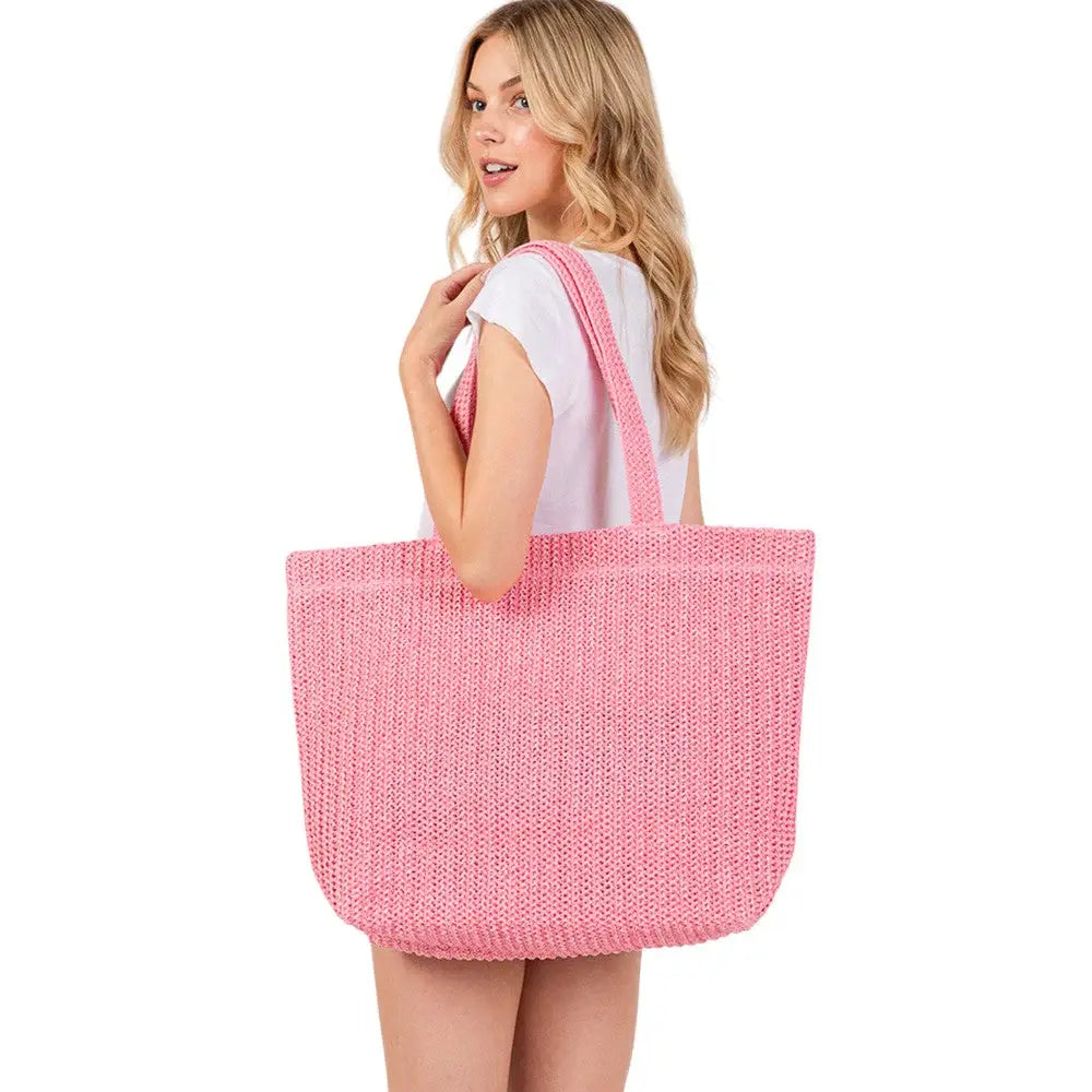 Solid Crochet Straw Tote Bag / Beach Bag - Madeline Love - Flyclothing LLC