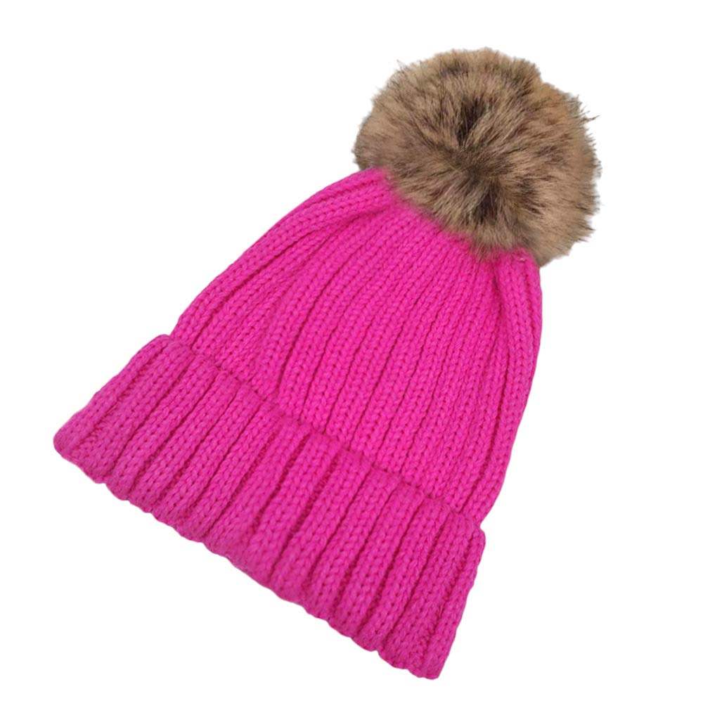 Solid Knit Faux Fur Pom Pom Beanie Hat - Madeline Love - Flyclothing LLC