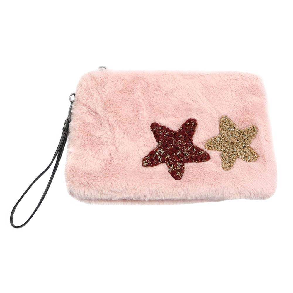 Star Patches Fuzzy Faux Fur Wristlet Clutch Bag - Madeline Love - Flyclothing LLC