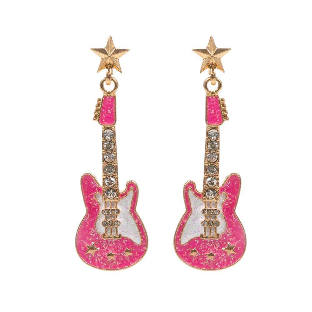 Stone Embellished Glittered Enamel Guitar Dangle Earrings - Madeline Love - Flyclothing LLC