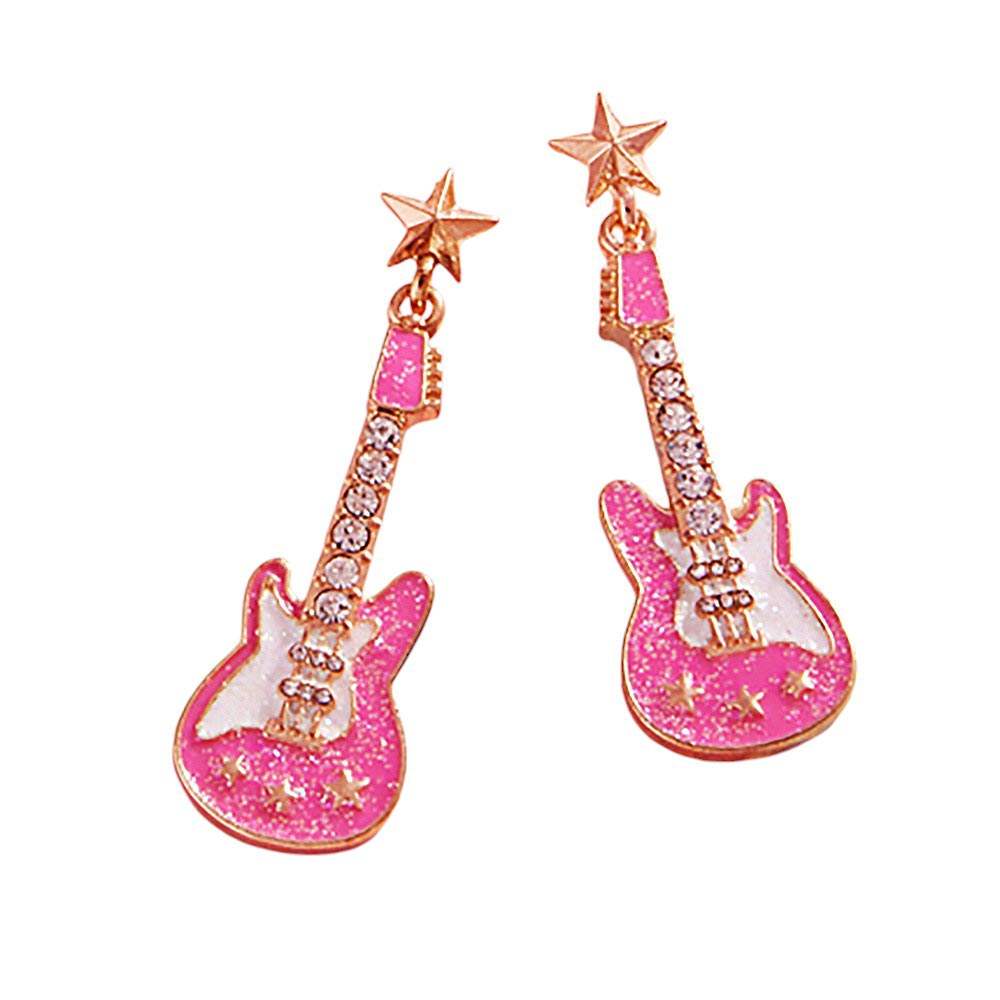 Stone Embellished Glittered Enamel Guitar Dangle Earrings - Madeline Love - Flyclothing LLC