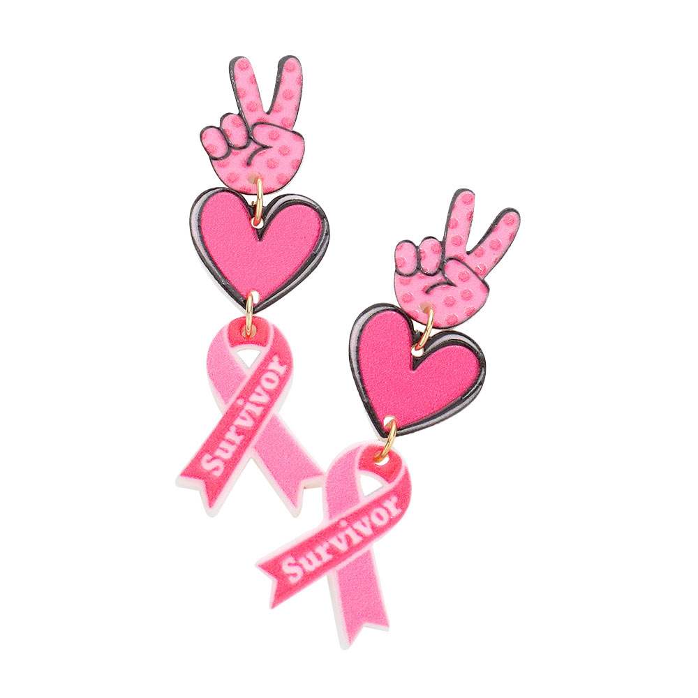 Survivor Message Resin Peace Sign Heart Pink Ribbon Earrings - Madeline Love - Flyclothing LLC