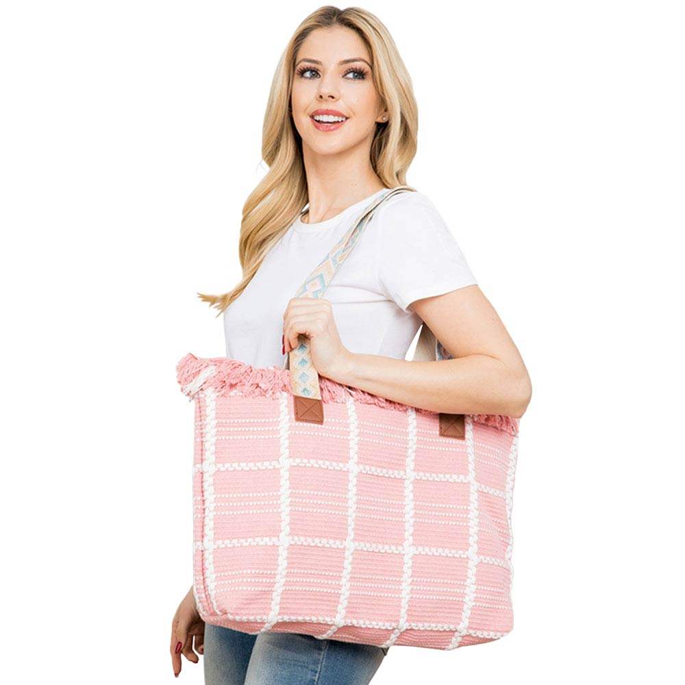 Top Fringe Pointed Check Patterned Tote Bag - Madeline Love - Flyclothing LLC