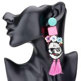 Triple Flower Seed Beaded Skull Tassel Link Dangle Earrings - Madeline Love - Flyclothing LLC
