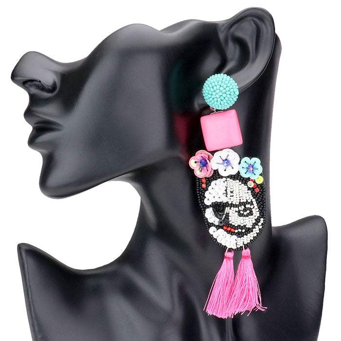 Triple Flower Seed Beaded Skull Tassel Link Dangle Earrings - Madeline Love - Flyclothing LLC