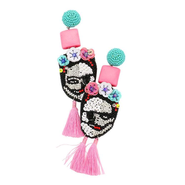 Triple Flower Seed Beaded Skull Tassel Link Dangle Earrings - Madeline Love - Flyclothing LLC