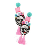 Triple Flower Seed Beaded Skull Tassel Link Dangle Earrings - Madeline Love - Flyclothing LLC