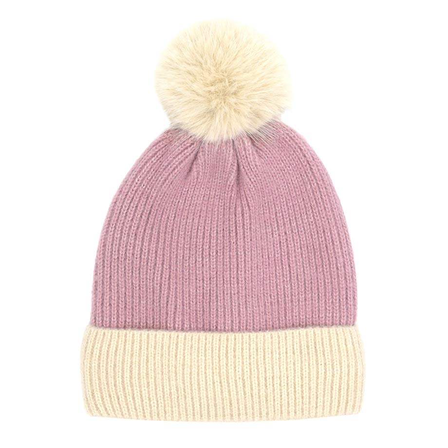 Two Tone Knit Pom Pom Beanie Hat - Madeline Love - Flyclothing LLC