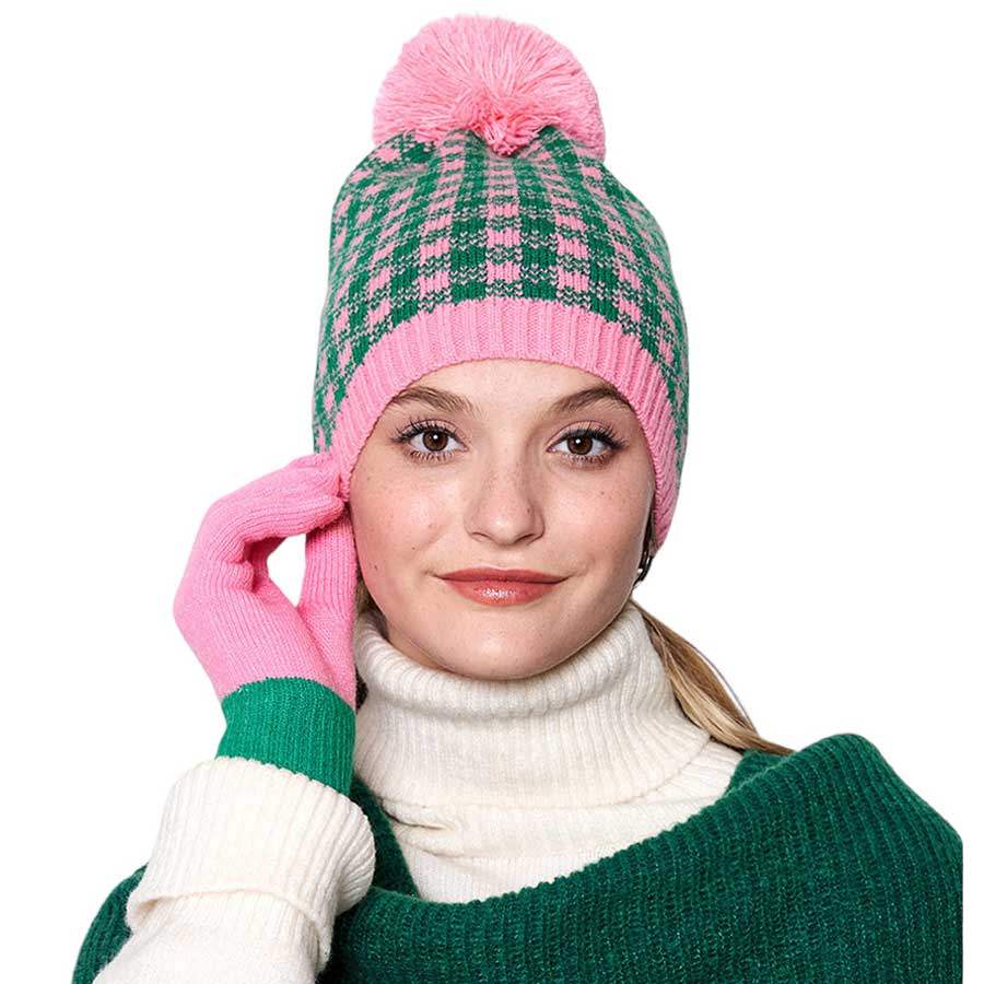 Check Patterned Pom Pom Beanie Hat - Madeline Love - Flyclothing LLC