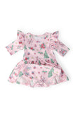Pink Christmas 3/4 Sleeve Twirl Flutter Bodysuit