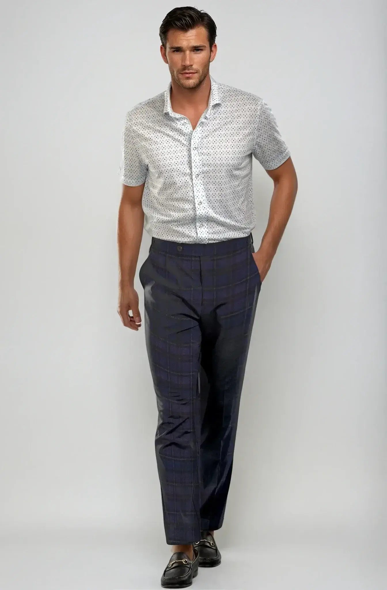 Pleated Wool Trouser Pants - Navy Plaid - Buki - Flyclothing LLC