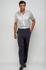 Pleated Wool Trouser Pants - Navy Plaid - Buki - Flyclothing LLC