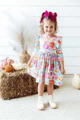 Preppy Pumpkins 3/4 Sleeve Ruffle Twirl Dress