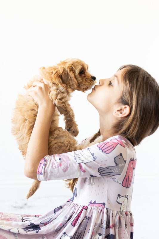 Puppy Party 3/4 Sleeve Pocket Twirl Dress