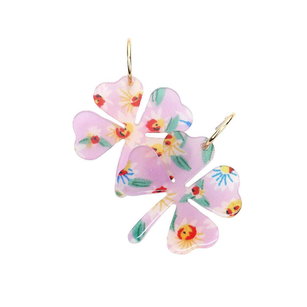 Flower Patterned Resin Clover Dangle Earrings - Madeline Love - Flyclothing LLC