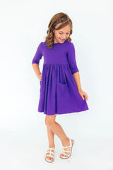 Purple 3/4 Sleeve Pocket Twirl Dress - Mila & Rose ® - Flyclothing LLC