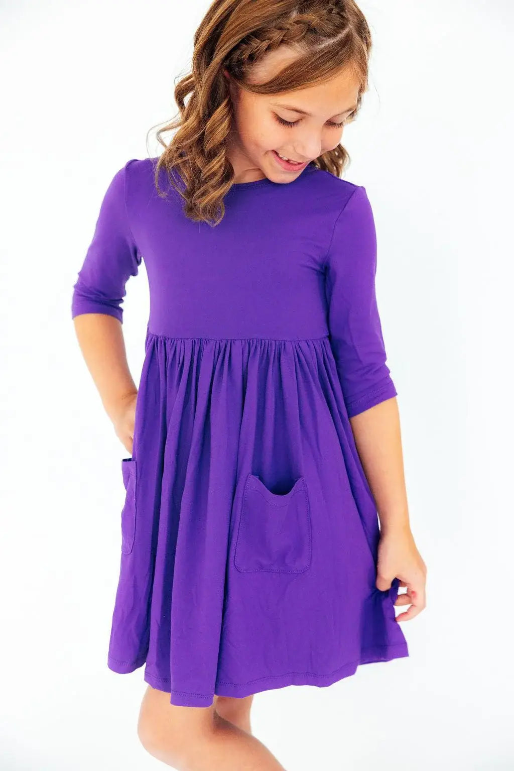 Purple 3/4 Sleeve Pocket Twirl Dress - Mila & Rose ® - Flyclothing LLC