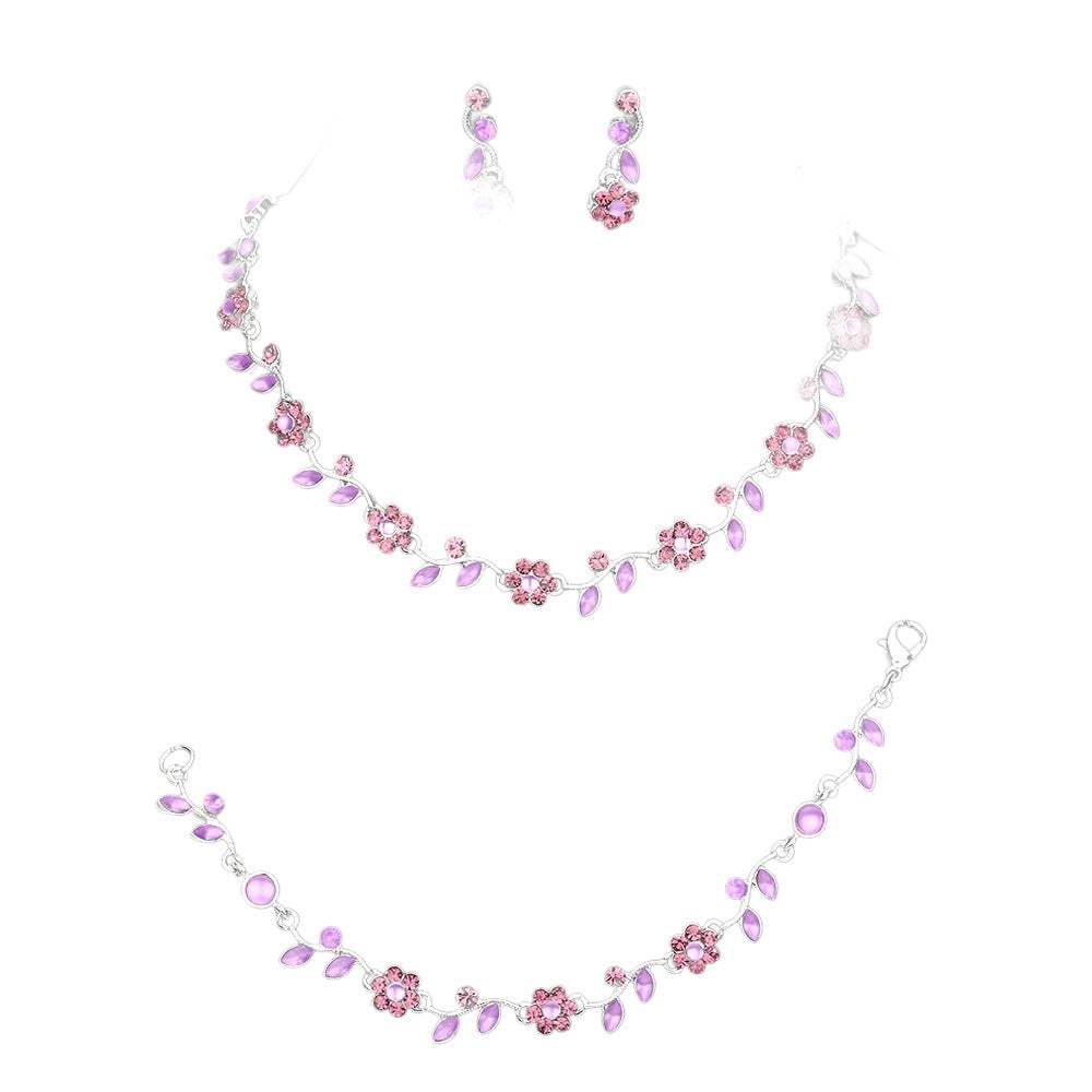 3PCS Flower Leaf Cluster Rhinestone Necklace Jewelry Set - Madeline Love - Flyclothing LLC