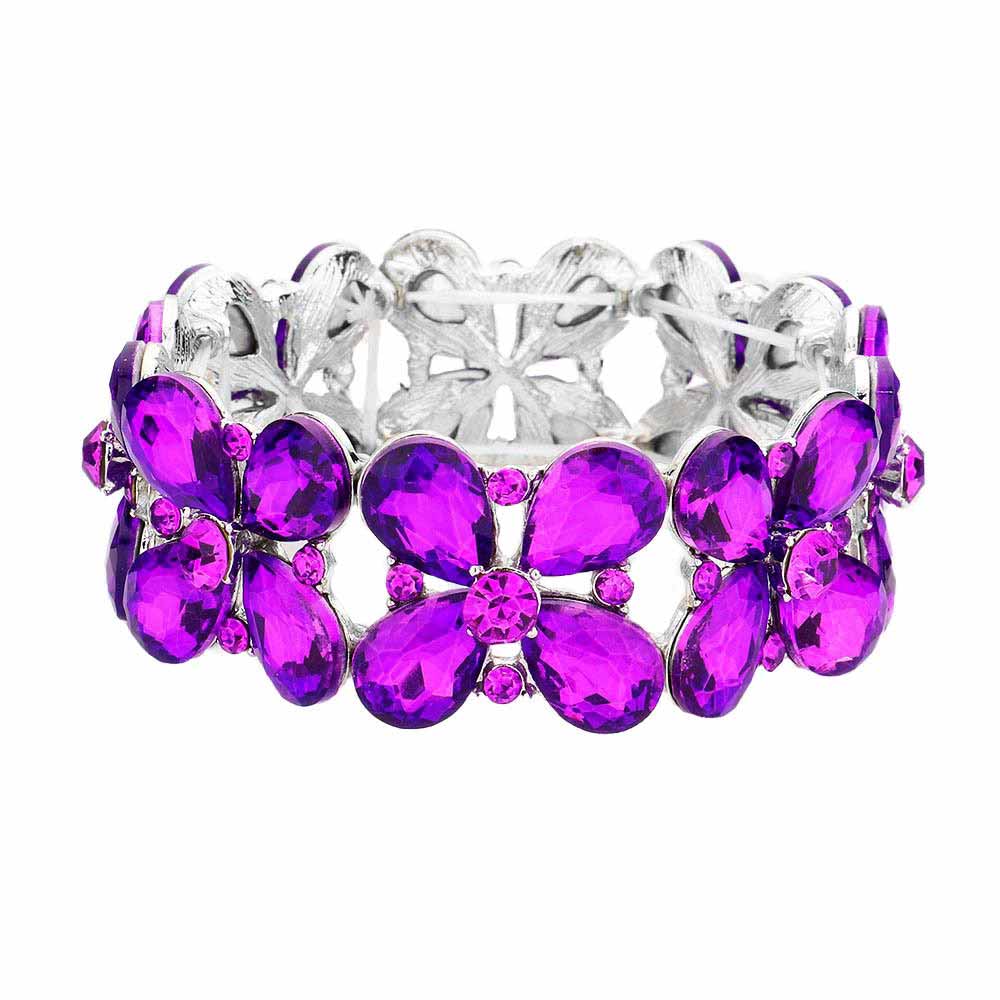 Floral Teardrop Glass Crystal Stretch Evening Bracelet - Madeline Love - Flyclothing LLC