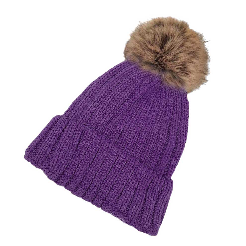 Solid Knit Faux Fur Pom Pom Beanie Hat - Madeline Love - Flyclothing LLC