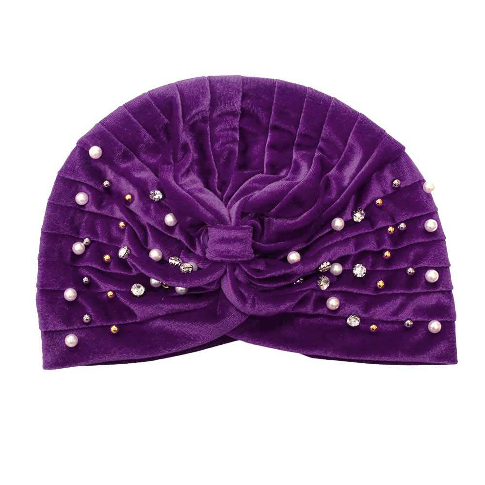 Stone Pearl Detailed Pleated Turban Beanie Hat - Madeline Love - Flyclothing LLC