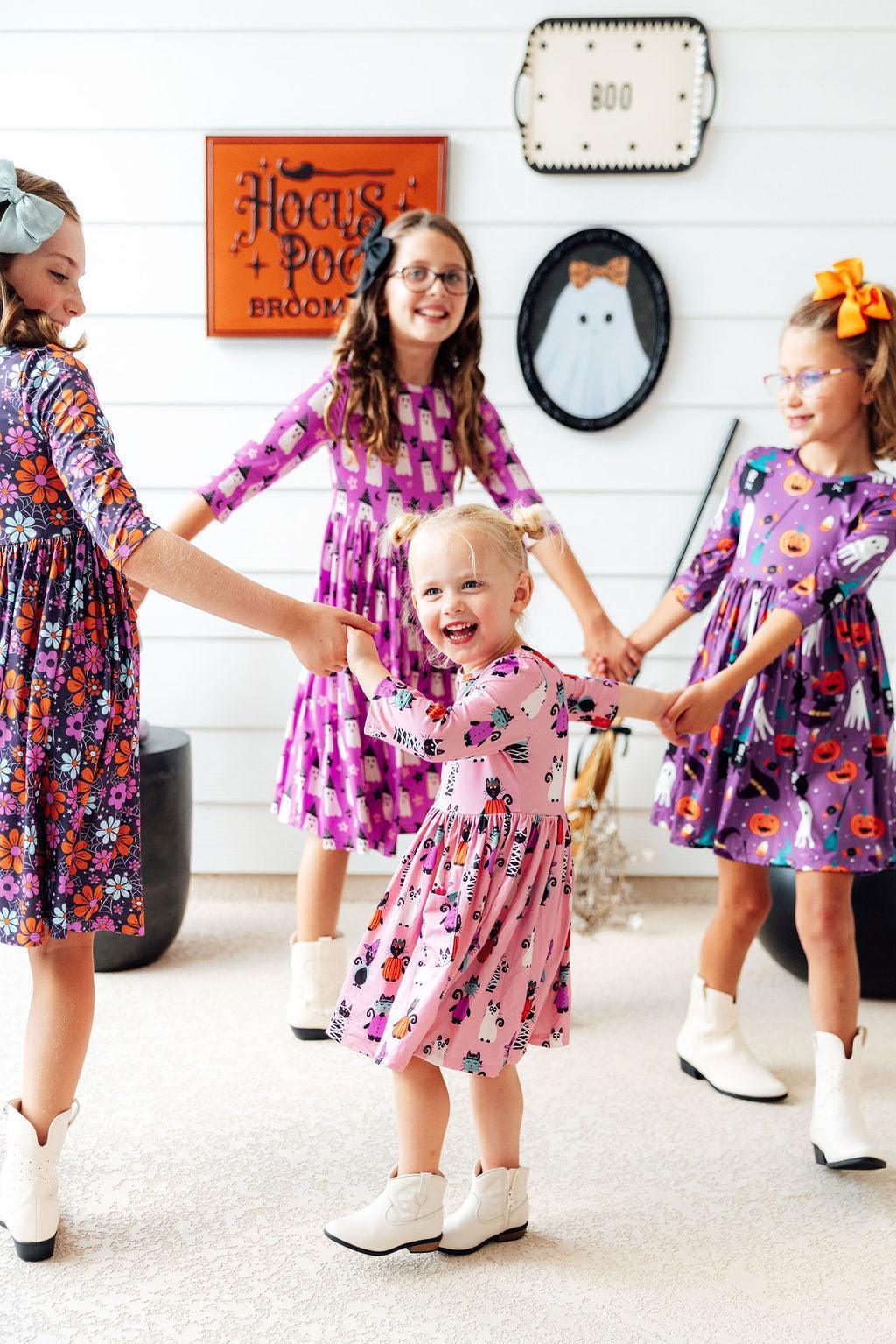 Purr-fectly Spooky 3/4 Sleeve Pocket Twirl Dress - Mila & Rose ® - Flyclothing LLC