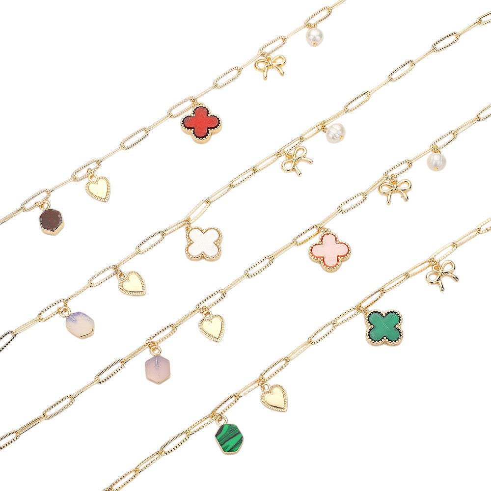 Quatrefoil Bow Heart Pearl Charm Station Paperclip Chain Necklace - Madeline Love - Flyclothing LLC