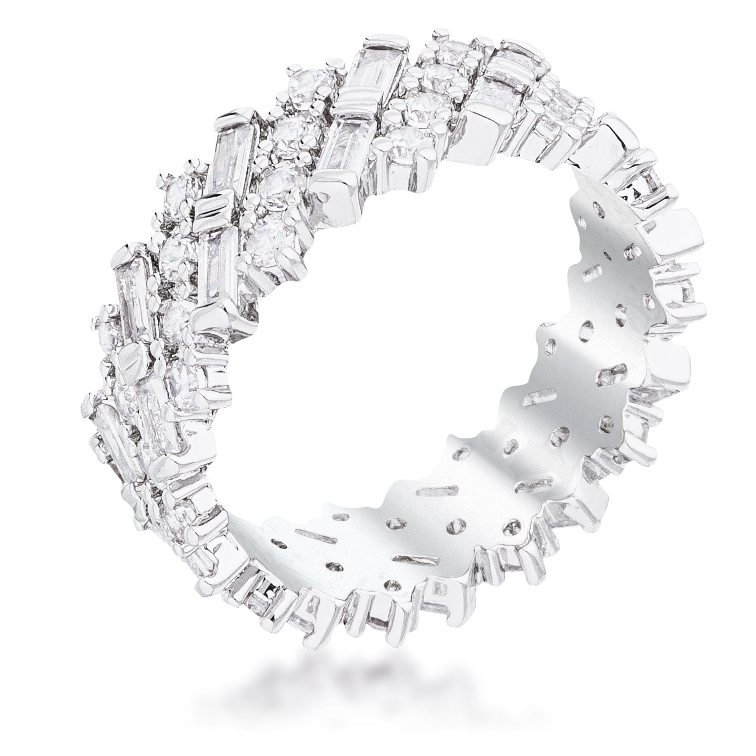 Rhodium Clear CZ Alternating Baguette Round Eternity Band - JGI