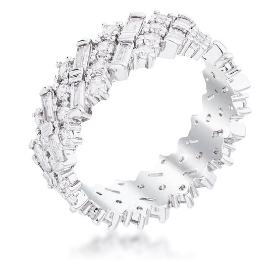 Rhodium Clear CZ Alternating Baguette Round Eternity Band - JGI