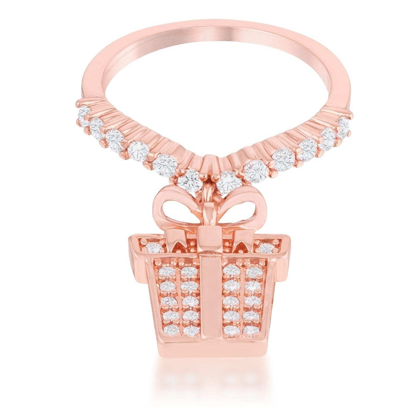Bow Gift Box 0.3ct CZ Rosegold Holiday Charm Ring - JGI - Flyclothing LLC