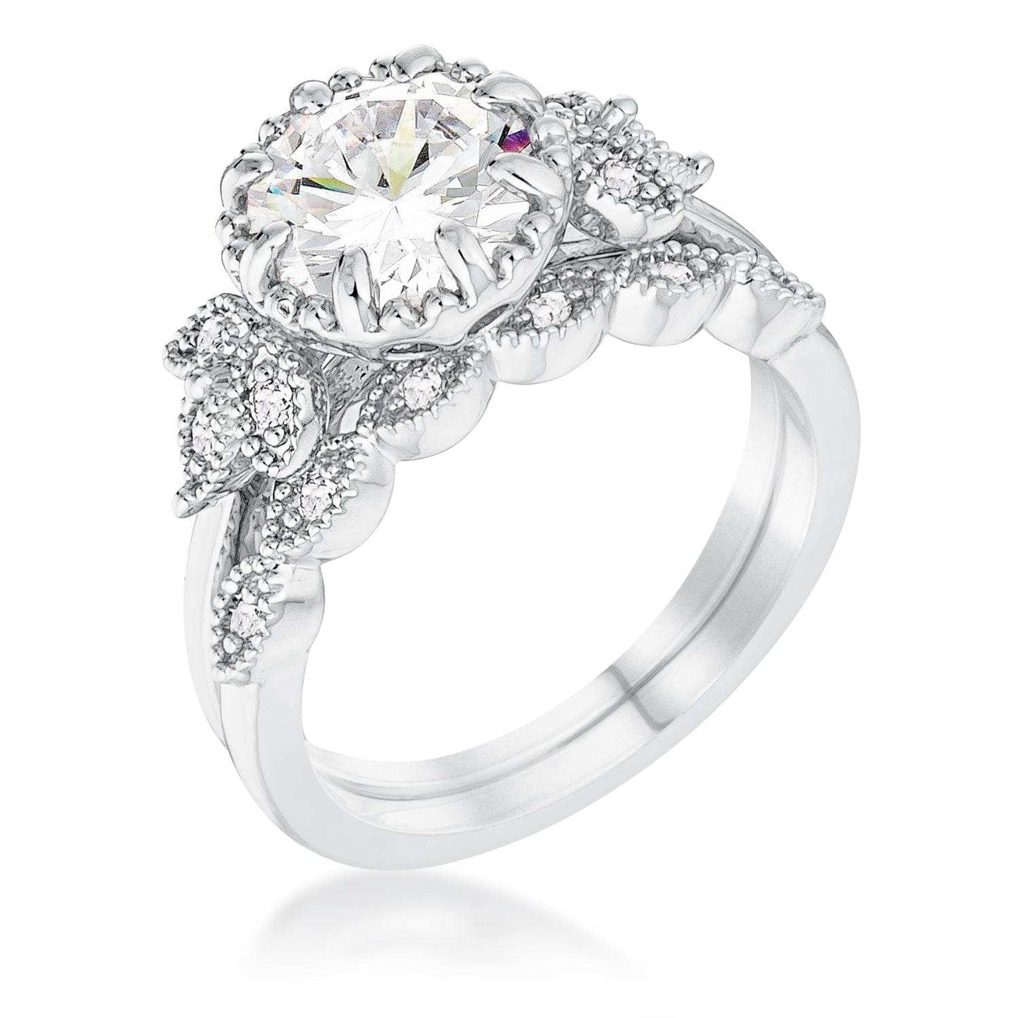 2.25Ct Rhodium Plated Round Cut CZ Trio Laurel Leaf Engagement Set - JGI - Flyclothing LLC