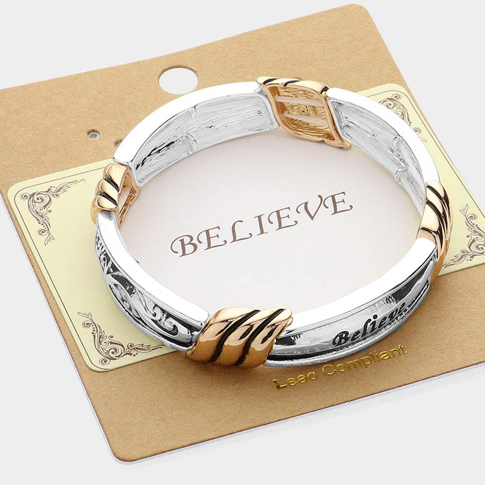 BELIEVE Message Two Tone Metal Stretch Bracelet - Madeline Love - Flyclothing LLC