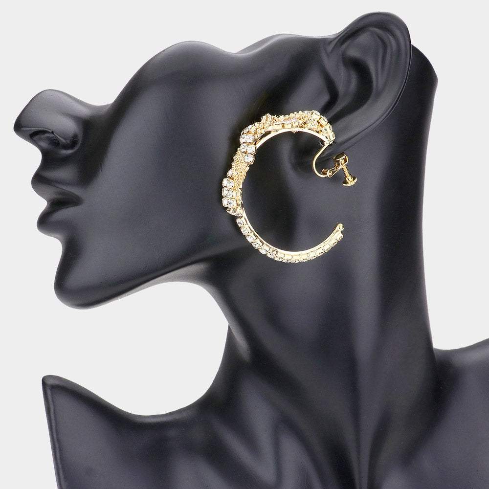 Crystal Rhinestone Chain Hoop Clip On Earrings - Madeline Love - Flyclothing LLC