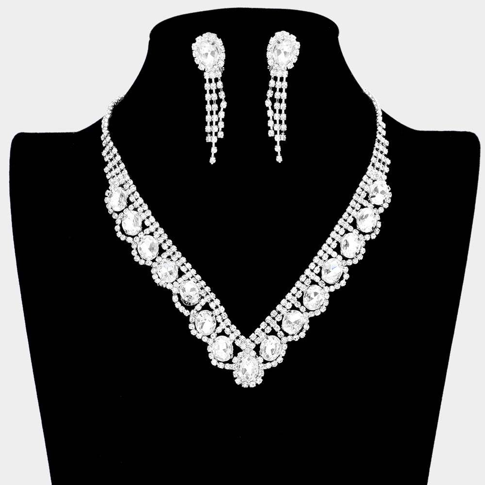 Oval Stone Accented V Shaped Rhinestone Necklace Clip on Earring Set - Madeline Love - Flyclothing LLC