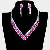 Oval Stone Accented V Shaped Rhinestone Necklace Clip on Earring Set - Madeline Love - Flyclothing LLC