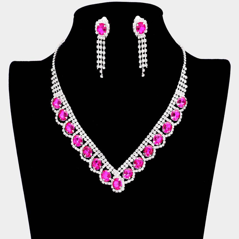 Oval Stone Accented V Shaped Rhinestone Necklace Clip on Earring Set - Madeline Love - Flyclothing LLC
