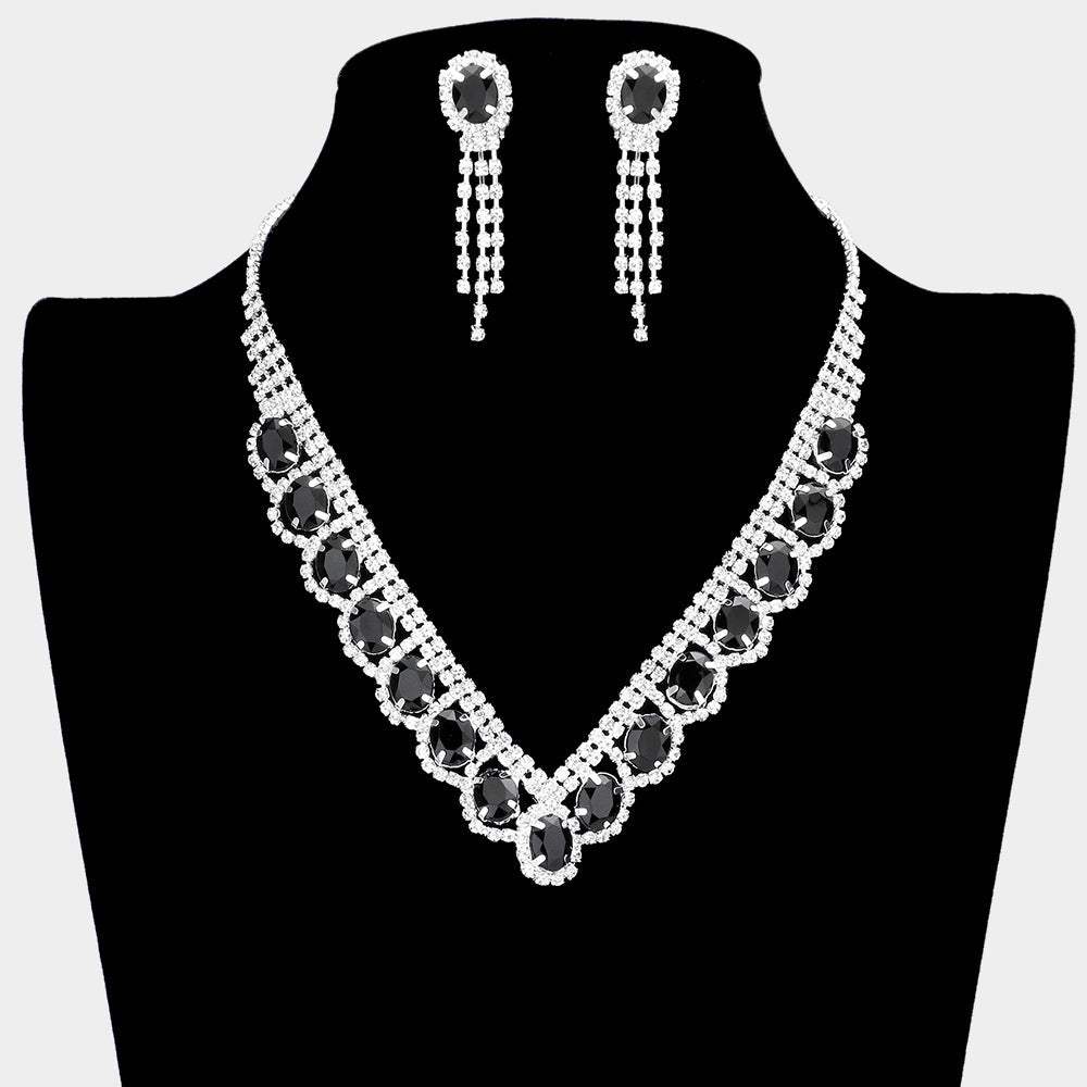 Oval Stone Accented V Shaped Rhinestone Necklace Clip on Earring Set - Madeline Love - Flyclothing LLC
