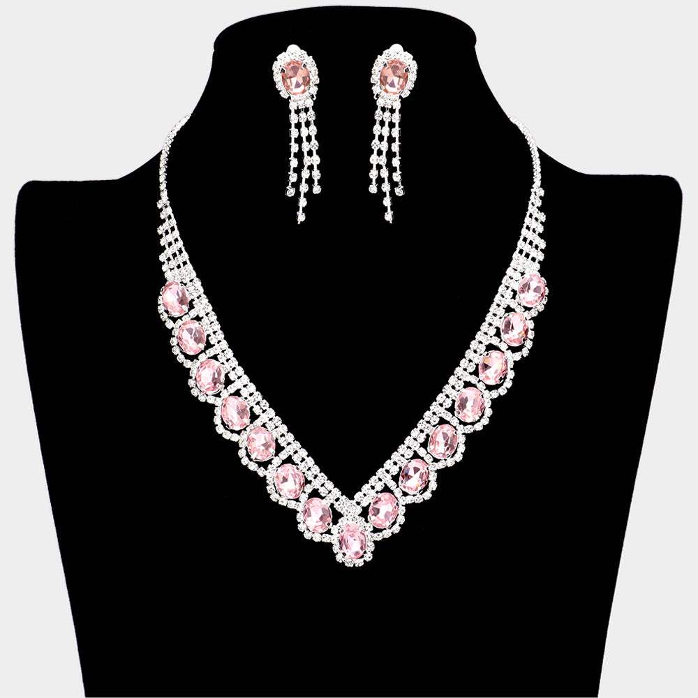 Oval Stone Accented V Shaped Rhinestone Necklace Clip on Earring Set - Madeline Love - Flyclothing LLC