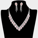 Oval Stone Accented V Shaped Rhinestone Necklace Clip on Earring Set - Madeline Love - Flyclothing LLC