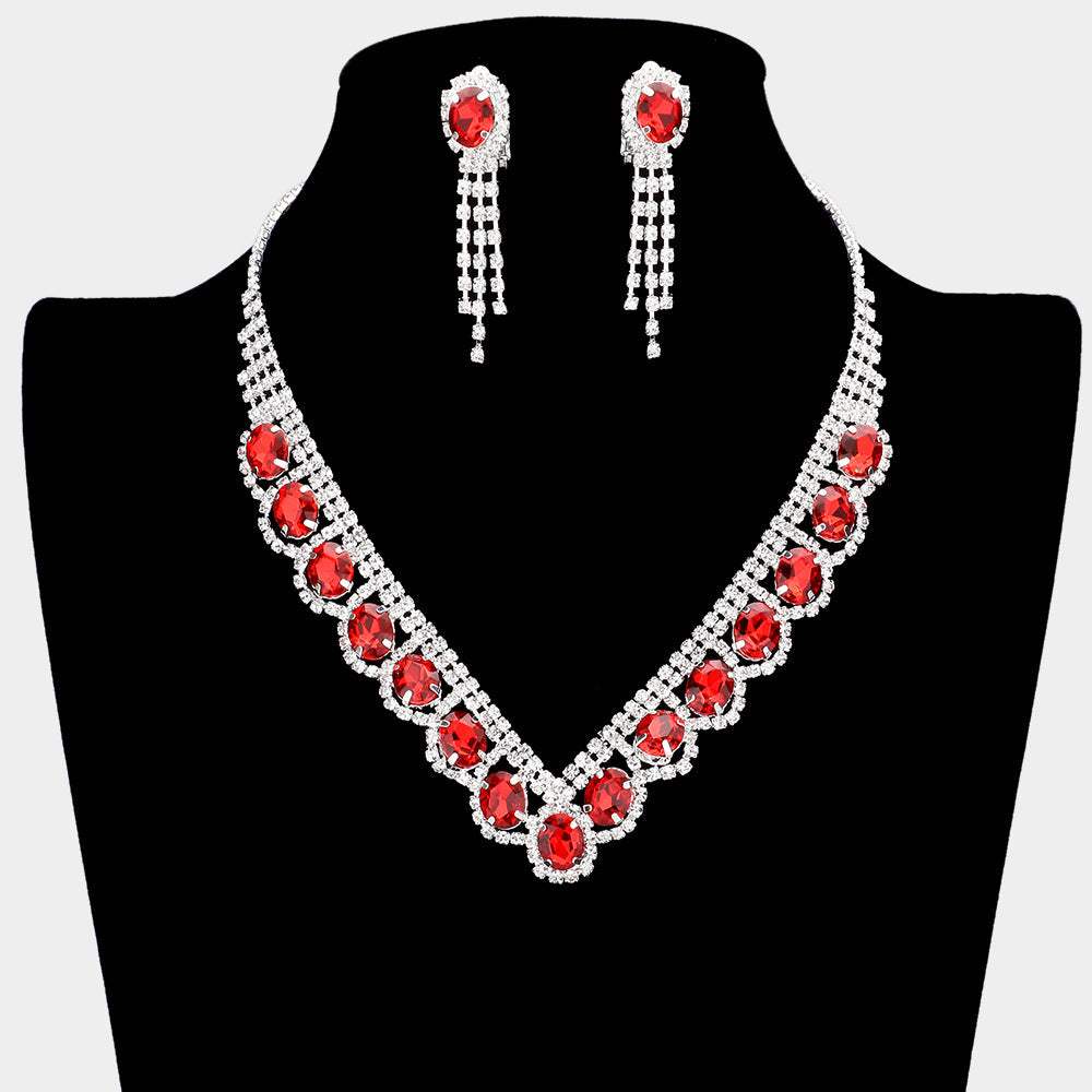 Oval Stone Accented V Shaped Rhinestone Necklace Clip on Earring Set - Madeline Love - Flyclothing LLC