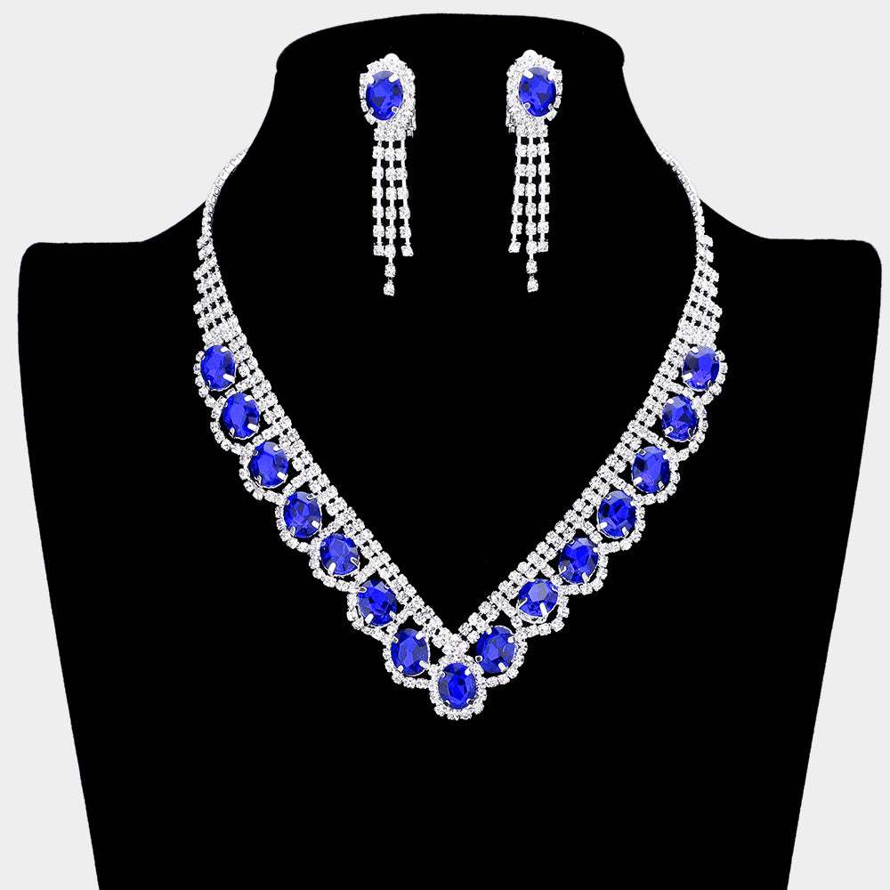 Oval Stone Accented V Shaped Rhinestone Necklace Clip on Earring Set - Madeline Love - Flyclothing LLC