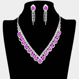 Oval Stone Accented V Shaped Rhinestone Necklace Clip on Earring Set - Madeline Love - Flyclothing LLC
