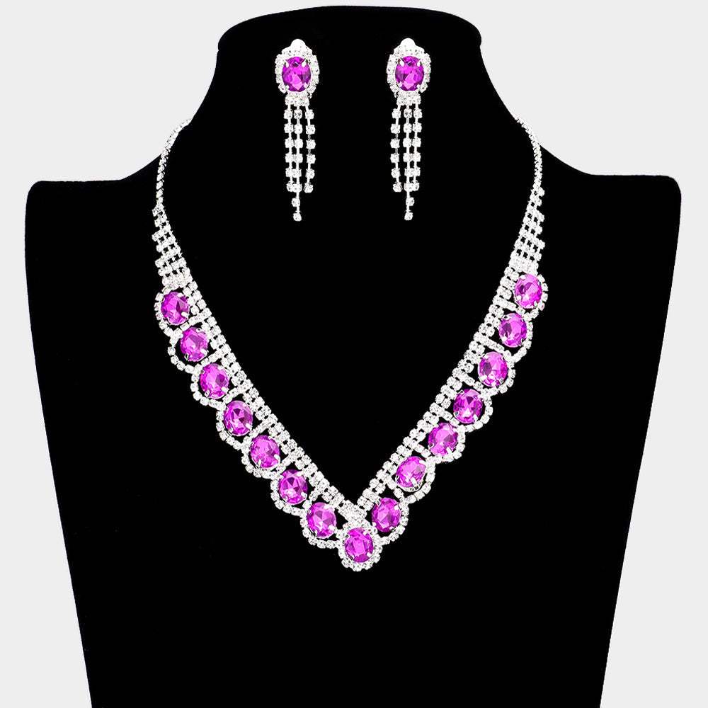 Oval Stone Accented V Shaped Rhinestone Necklace Clip on Earring Set - Madeline Love - Flyclothing LLC
