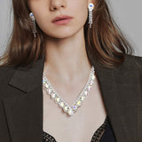 Oval Stone Accented V Shaped Rhinestone Necklace Clip on Earring Set - Madeline Love - Flyclothing LLC